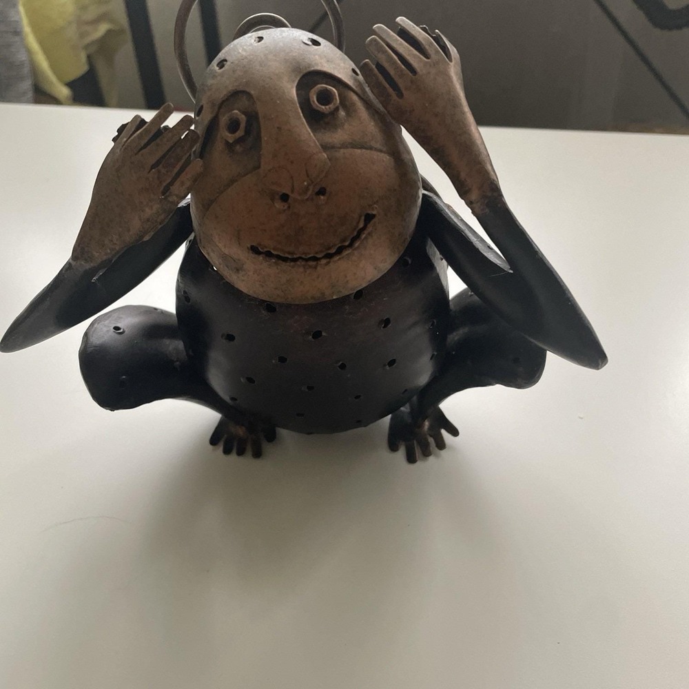Monkey Tea Candle Holder Hear No Evil Monkey Lantern Set Metal Copper 6"
